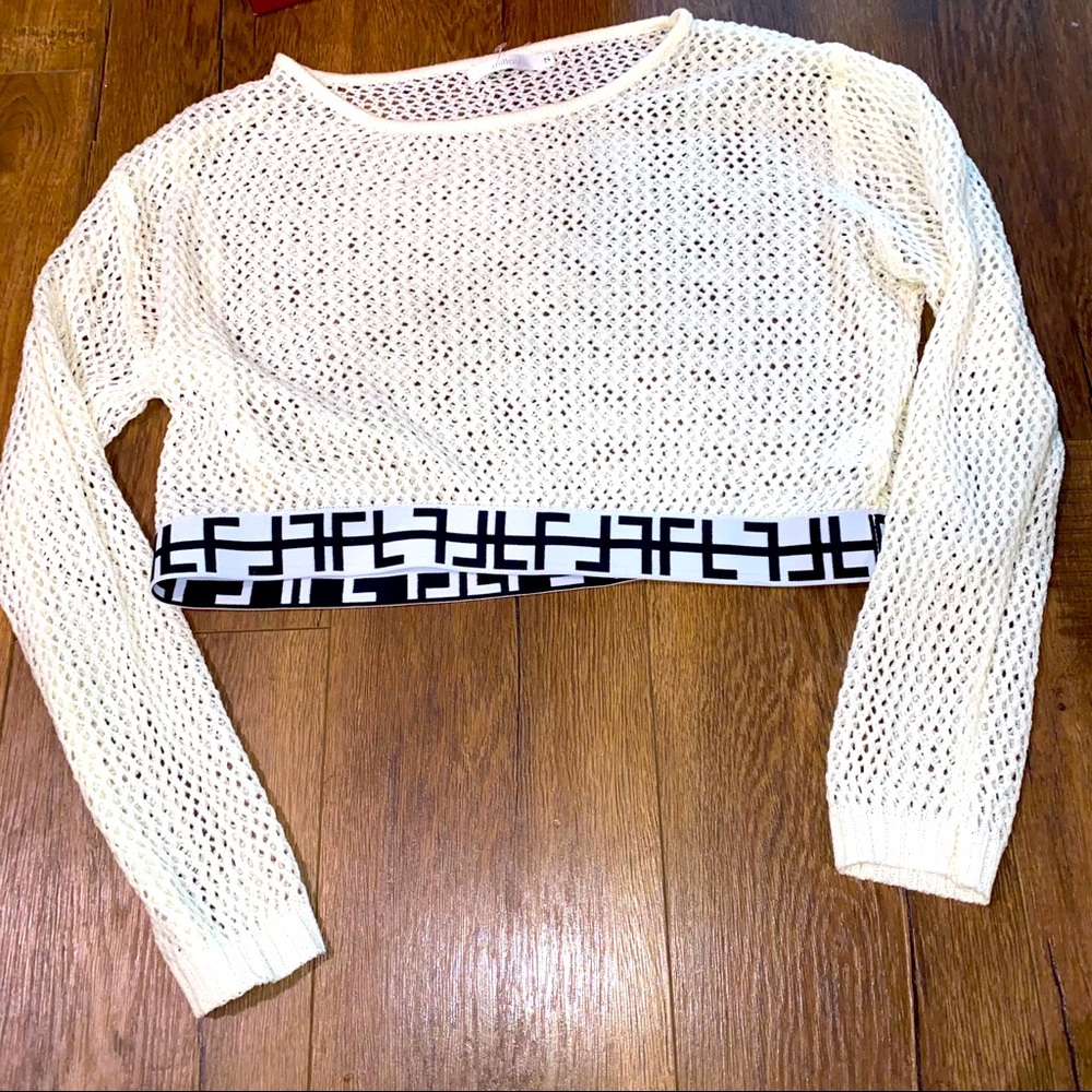 milanu Cropped White Fishnet Sweater in Cream (S)